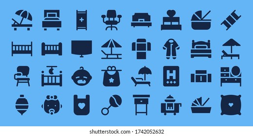 Bed Icon Set. 32 Filled Bed Icons. On Blue Background Style Simple Modern Icons Such As: Sunbed, Cot, Desk Chair, Spinning Top, Bed, Crib, Cradle, Baby, Stretcher, Night Stand