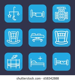Bed icon. set of 9 outline bed icons such as hospital stretch, trampoline