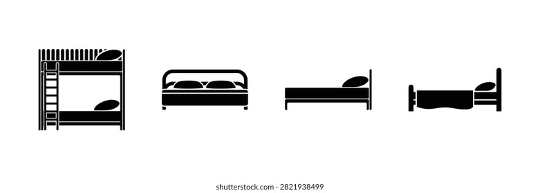 Bed Icon Set  Bunk Bed, Double Bed, Single Bed, Bedroom Furniture, Sleeping Accommodation, Hotel Room, Outline  Silhouette Vector Collection