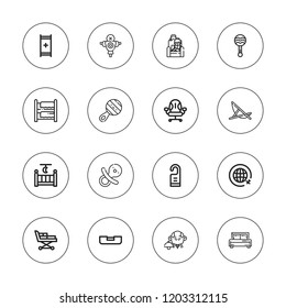 Bed icon set. collection of 16 outline bed icons with cradle, desk chair, door hanger, dummy, lounger, livingroom, rattle, room service, stretcher icons.