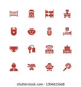 bed icon set. Collection of 16 filled bed icons included Rattle, Desk chair, Stretcher, Bellhop, Hotel, Siam paragon, Key room, Diaper, Medical bed, Baby, Bib, Bedside table, Bunk