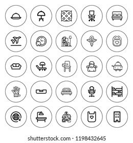 Bed icon set. collection of 25 outline bed icons with bed, bib, bunk, desk chair, dummy, hotel, injury, medical appointment, living room, patient icons. editable icons.