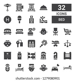 bed icon set. Collection of 32 filled bed icons included Bed, Baby, Bellboy, Medical bed, Cradle, Door hanger, Checker, Bunk, Baby powder, Hotel, Cot, Stretcher, Rattle, Minibar