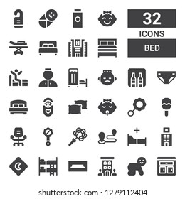 bed icon set. Collection of 32 filled bed icons included Furniture, Baby, Hotel, Tv table, Bunk, Pillow, Bed, Travel, Rattle, Desk chair, Pillows, Diaper, Minibar, Medical room
