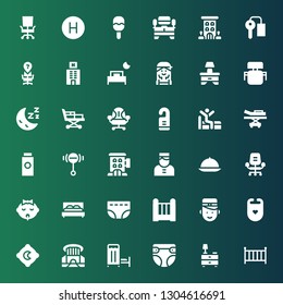bed icon set. Collection of 36 filled bed icons included Cradle, Nightstand, Diaper, Medical room, Siam paragon, Pillow, Bib, Bellboy, Bed, Baby, Desk chair, Room service, Hotel