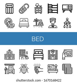 bed icon set. Collection of Airbed, Room service, Do not disturb, Bed, Nightstand, Wedding, Bunk bed, Bellboy, Furniture, Mobile toy, Hotel, Armchair, bug, Travel, Mattress icons