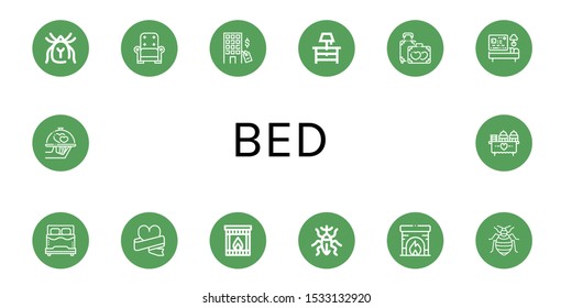 bed icon set. Collection of Mite, Armchair, Hotel, Night stand, Honeymoon, Bed, Wedding, Fireplace, Weevil, Bed bug icons