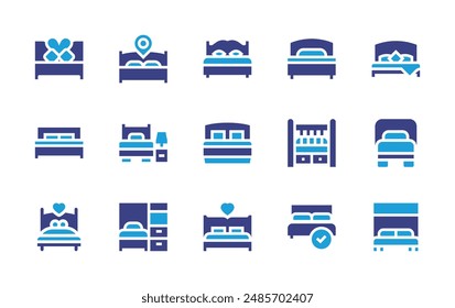 Conjunto de iconos de cama. Color duotono. Ilustración vectorial. Con murphybed, descanso, cama, cama de hotel, cama doble, cama individual, cuna.