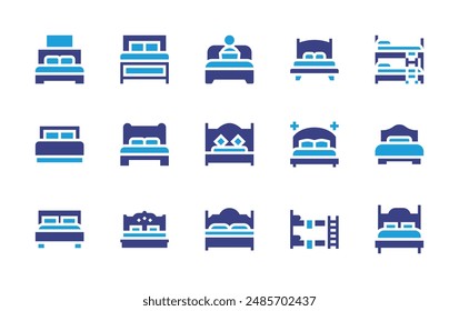 Bett-Icon-Set. Zweitonfarbe. Vektorillustration. Enthält Doppelbett, Schlafzimmer, Bett, Etagenbett, Etagenbett.