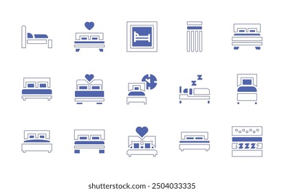 Conjunto de iconos de cama. Estilo duotono trazo de línea y negrita. Ilustración vectorial. Conteniendo cama, cama doble, cama flotante, sueño, hotel, primavera.