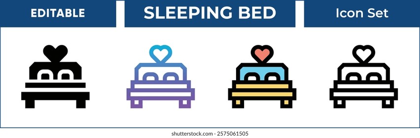 Bed Icon Set. Editable Vector Icons for bedroom, home décor, hotel, love, and more. Includes line, gradient, filled, and outline styles. Perfect for interior design, travel, and hospitality projects.