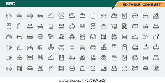 Bed icon set in linear style. Minimalist icons collection. Editable stroke. Furniture vector line icon set. Contains related to hotel, bedroom, furniture, sleep and more.