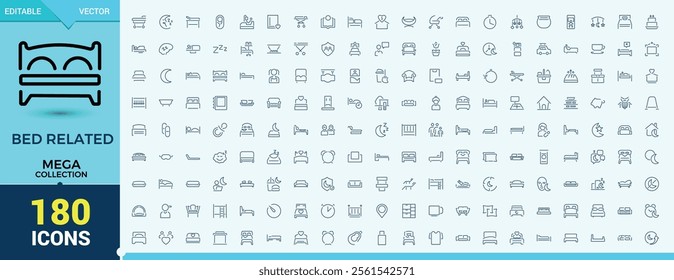 Bed icon set. Mega collections contains related to hospital, hotel, relax, bedtime, sleep, room, rest, motel. Simple icon designs. Editable vector icon and illustration.