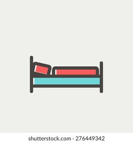 Bed icon thin line for web and mobile, modern minimalistic flat design. Vector icon with dark grey outline and offset colour on light grey background.