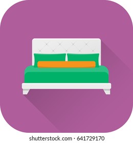 Bed icon. Vector. Flat design with long shadow. White double bed with green blanket isolated on purple background