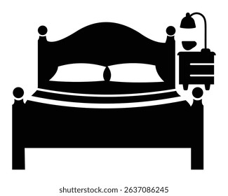 Bed icon, vector flat illustration. Silhouette of pillows on the top of the bedroom bed including furniture, lamp isolated on white background. Vector illustration. eps 10