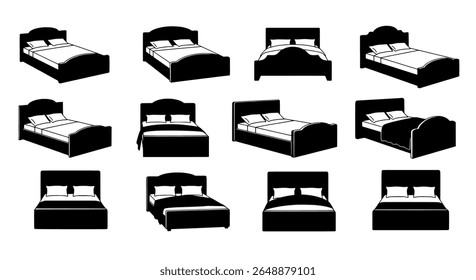 Ícones de cama em estilo de silhueta negrito para móveis, reservas de hotel e interfaces de design de interiores