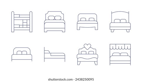Iconos de cama. Trazo editable. Con cama doble, cama, cama con dosel, litera, dormitorio.