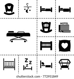 Bed icons. set of 13 editable filled bed icons such as playpen, hospital stretch, hotel, pillow with heart on it