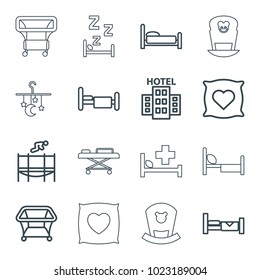 Bed icons. set of 16 editable outline bed icons such as pillow with heart on it, playpen, trampoline, hotel, zzz