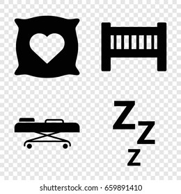 Bed icons set. set of 4 bed filled icons such as baby bed, pillow with heart on it, hospital stretch