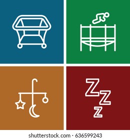 Bed icons set. set of 4 bed outline icons such as bed mobile, playpen, trampoline