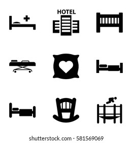 bed icons set. Set of 9 bed filled icons such as pillow with heart on it, hospital stretch, trampoline