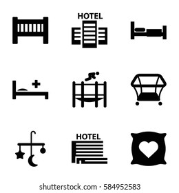 bed icons set. Set of 9 bed filled icons such as pillow with heart on it, playpen, trampoline