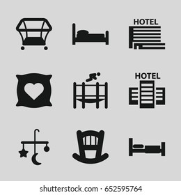 Bed icons set. set of 9 bed filled icons such as pillow with heart on it, playpen, trampoline