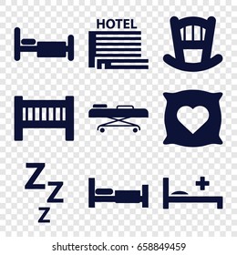 Bed icons set. set of 9 bed filled icons such as pillow with heart on it, hospital stretch, hotel