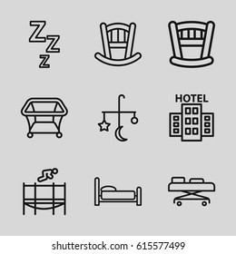 Bed icons set. set of 9 bed outline icons such as playpen, hospital stretch, trampoline, hotel