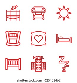 Bed icons set. set of 9 bed outline icons such as pillow with heart on it, playpen, trampoline, hotel
