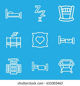 Bed icons set. set of 9 bed outline icons such as pillow with heart on it, playpen, trampoline, hotel