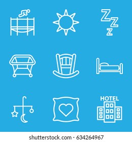 Bed icons set. set of 9 bed outline icons such as pillow with heart on it, playpen, trampoline, hotel