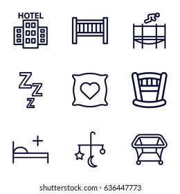 Bed icons set. set of 9 bed outline icons such as pillow with heart on it, playpen, trampoline, hotel