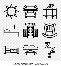 Bed icons set. set of 9 bed outline icons such as playpen, hospital stretch, trampoline, hotel