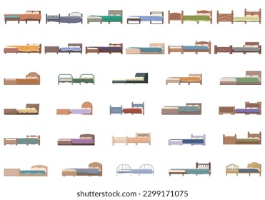 Los iconos de la cama establecen el vector de dibujos animados. Cubierta de madera. Mobiliario