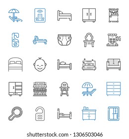 bed icons set. Collection of bed with closet, chest of drawers, room, rattle, sunbed, baby chair, motel, sofa, baby, hotel, dressing table, diaper. Editable and scalable bed icons.