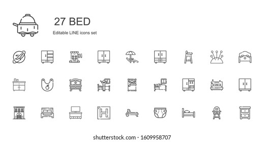 bed icons set. Collection of bed with diaper, deck chair, hotel, cupboard, closet, sleep, wake up, chest of drawers, bib, baby chair, sunbed. Editable and scalable bed icons.