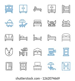 bed icons set. Collection of bed with hotel, sunbed, cupboard, nightstand, closet, chest of drawers, wake up, bib, sofa, furniture, room service. Editable and scalable bed icons.