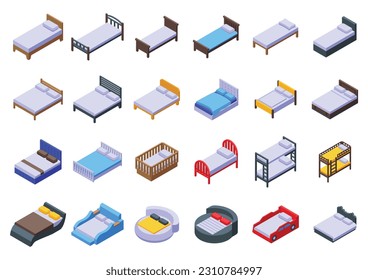 Bed icons set isometric vector. Wooden furniture. Sleep empty