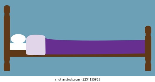 A bed illustration, comfortable bed, purple blanket, wooden bed, side view, white pillow, bedroom stuff, bedroom furniture, beds shop sign and banner, good for social media and educational content