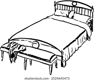 Bed . Interior object in hand drawn doodle style vector illustration