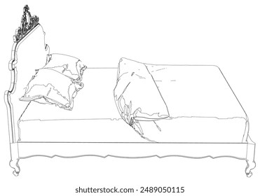 Cama aislada sobre fondo blanco. Icono gráfico de línea, Ilustración vectorial para conceptos de muebles y diseño de interiores