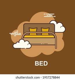 Bed king size cot with pillows on brown background flat concept design