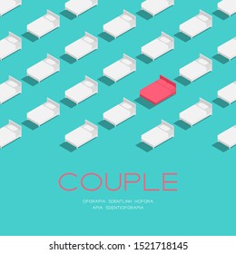 Bed king and twin size 3d isometric pattern, Couple relationship lifestyle concept poster and social banner post square design illustration isolated on blue background with space, vector eps 10