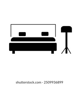 Bed with lamp home interior design, furniture high quality black style vector icons.