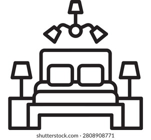 Bed with Lamps and a Ceiling Light in a Minimalist Design Featuring Bedroom, Furniture, Interior with Modern and Simple Elements for Line Art, Black