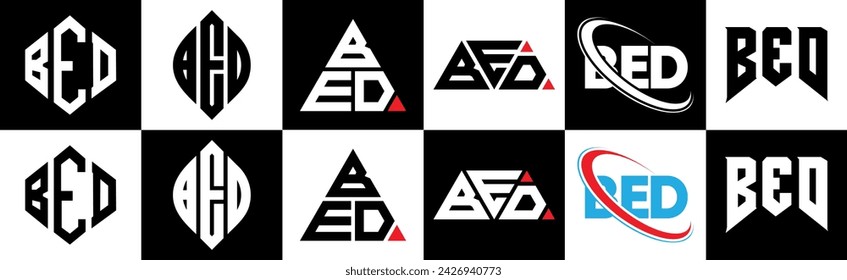 BED letter logo design in six style. BED polygon, circle, triangle, hexagon, flat and simple style with black and white color variation letter logo set in one artboard. BED minimalist and classic logo