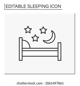 Icono de línea de cama. Cómoda cama para dormir. Hora de la noche. Almohada y manta. Concepto durmiente. Ilustración vectorial aislada. Trazo editable